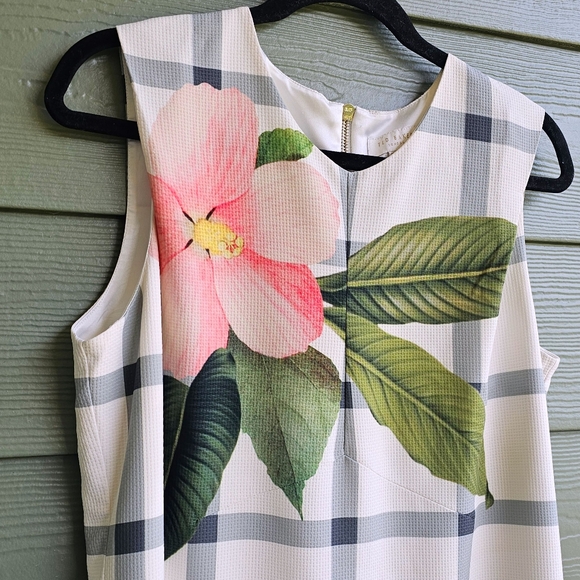 Ted Baker Nayelic Off White Floral Plaid Design Sleeveless Shift Dress - Picture 4 of 14